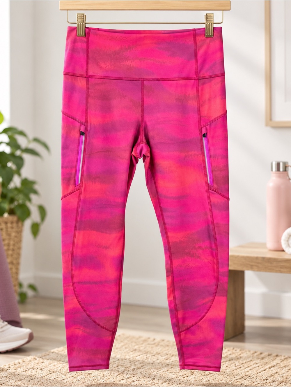 Athleta Rainier Printed Tight Leggings Pink Orange Zip Pockets Size M
